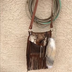Cowhide Fringe Crossbody Purse with Foxtail